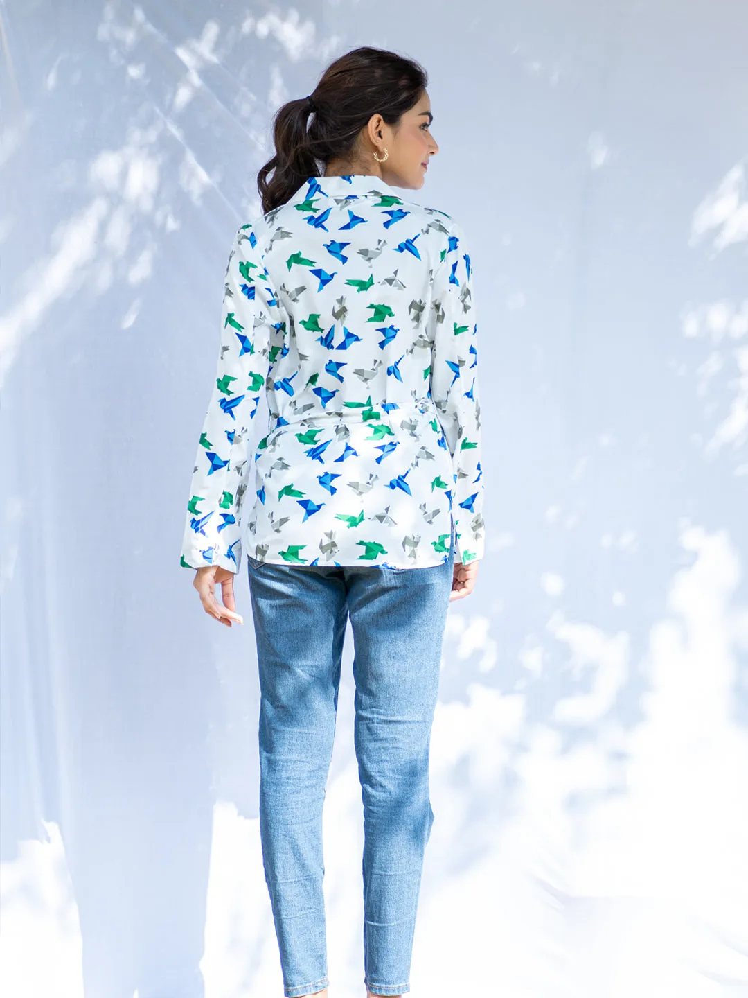 Origami Print Kimono Shirt With Belt