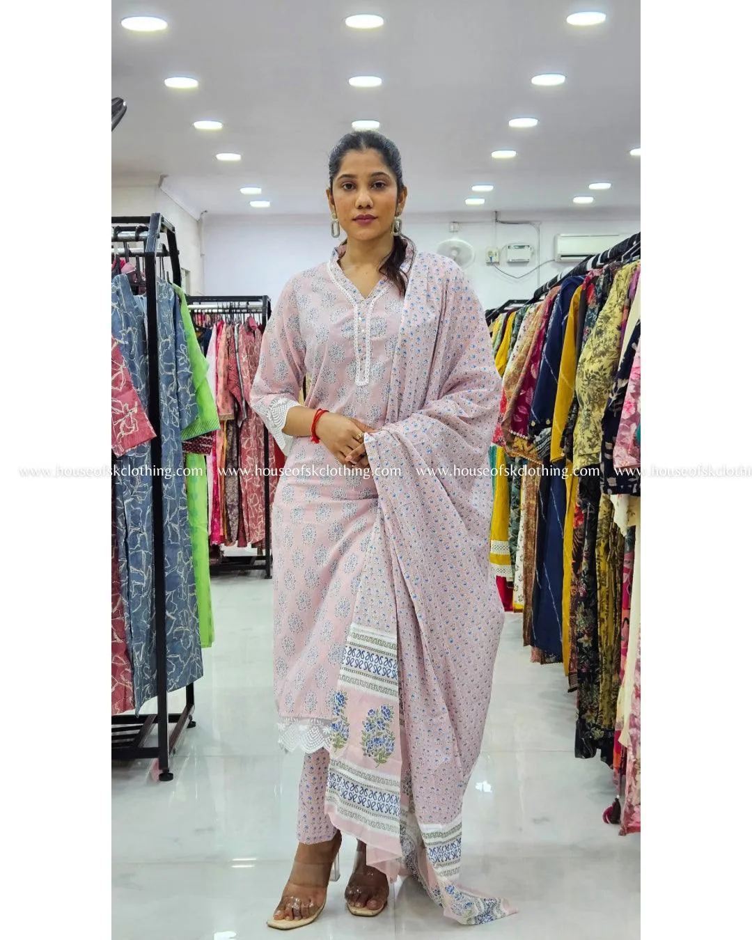 Pale Pink Floral Cotton Kurta Set