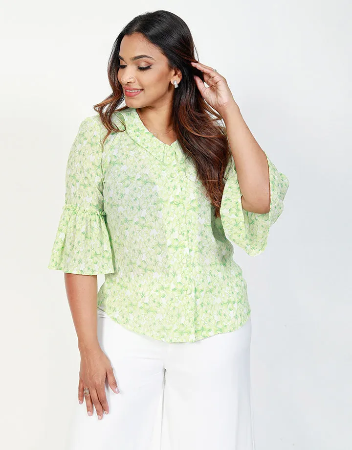 Printed Blouse with Flounce Sleeves