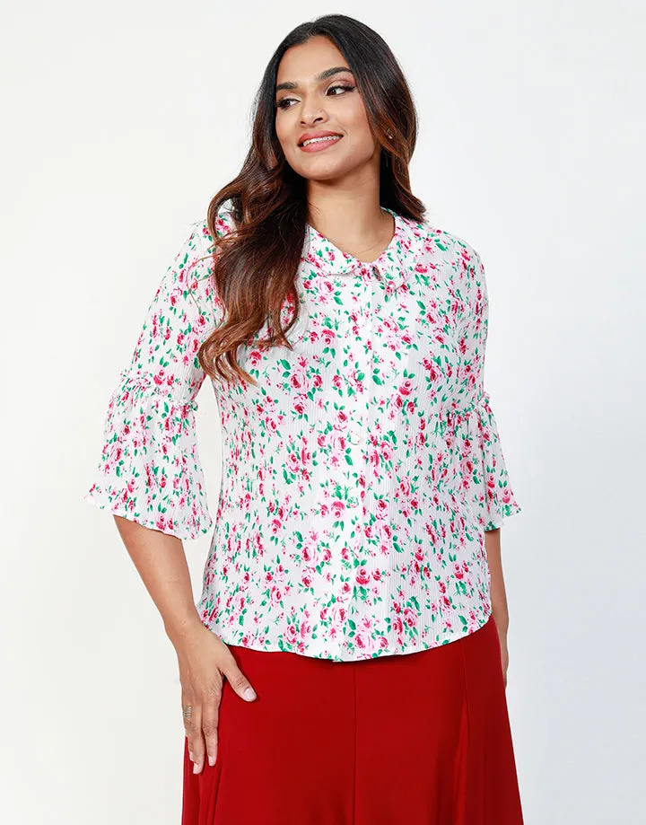 Printed Blouse with Flounce Sleeves