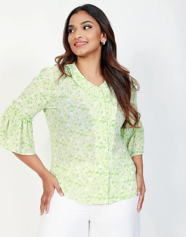 Printed Blouse with Flounce Sleeves