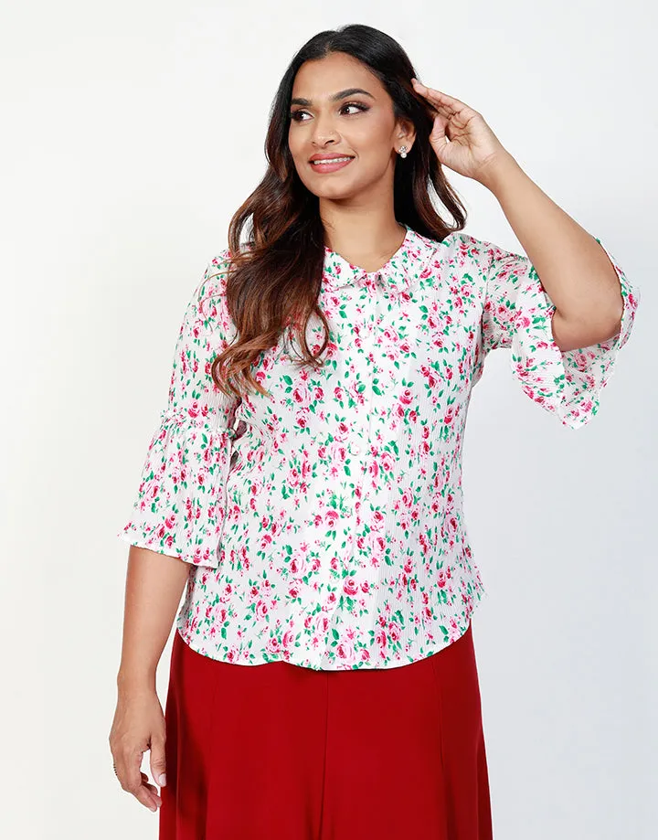 Printed Blouse with Flounce Sleeves