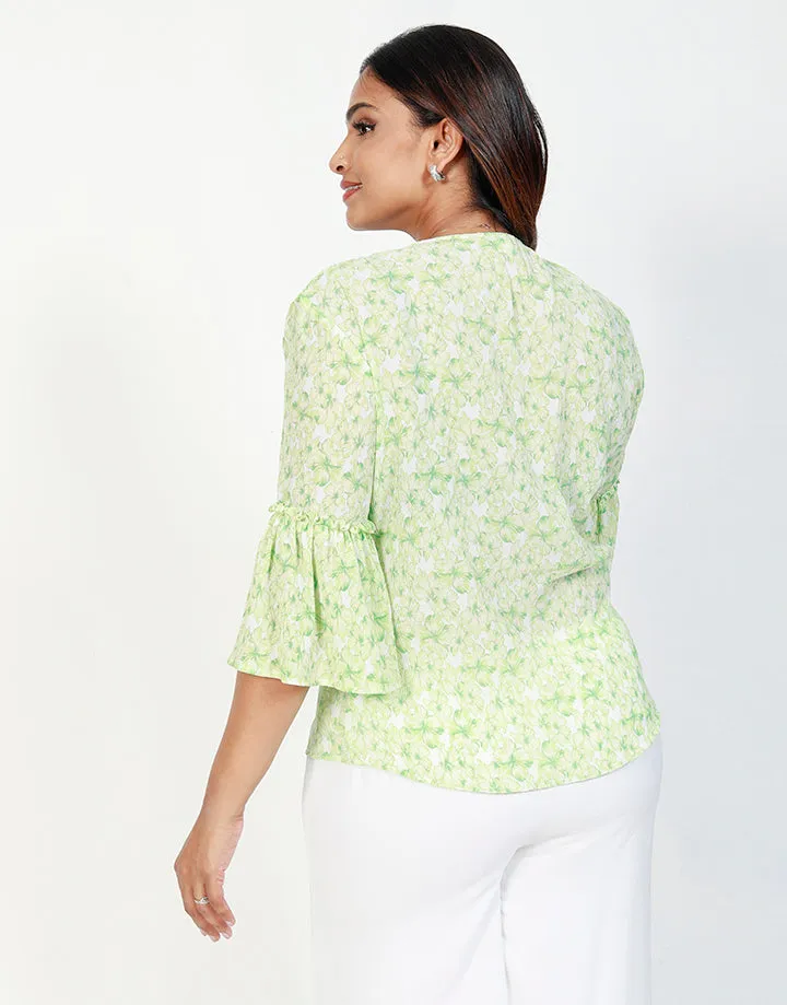 Printed Blouse with Flounce Sleeves