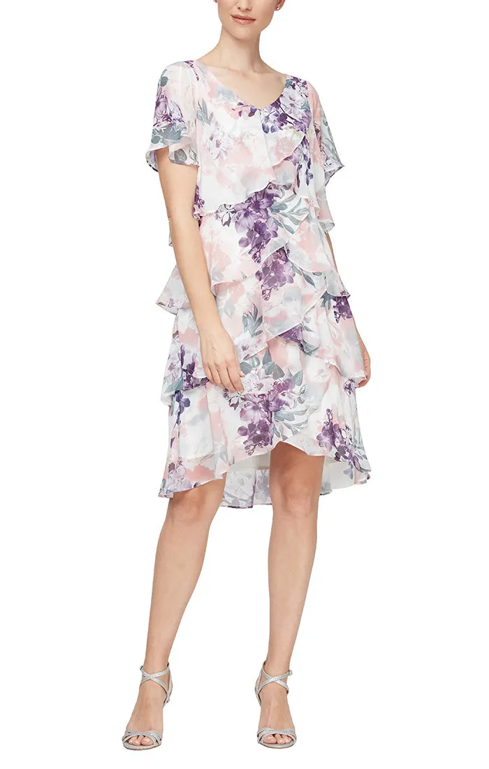 Regular - Printed Tulip Tiered Cocktail Dress with Short Sleeves