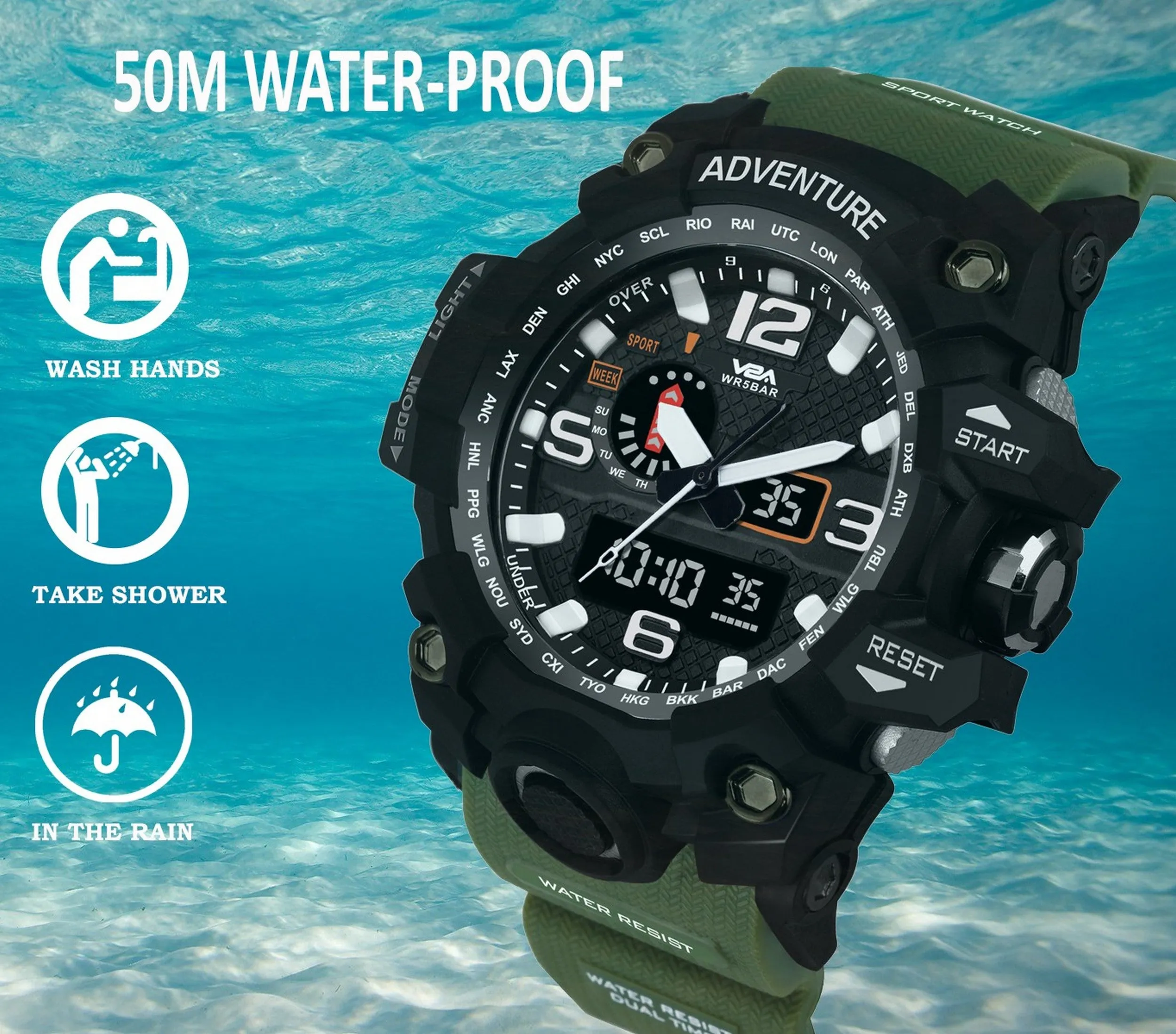 V2A Army Green Chronograph Shockproof Waterproof Analog-Digital Date Display Sports Watch For Men