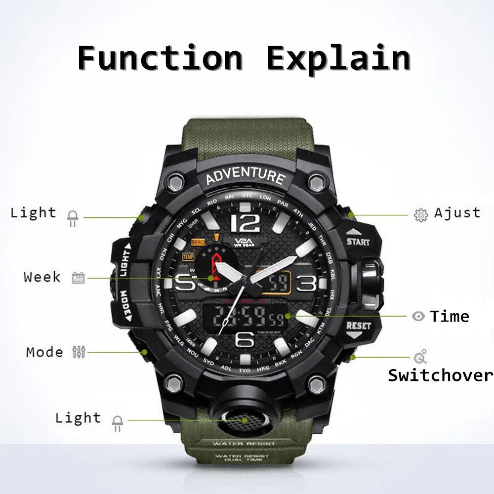 V2A Army Green Chronograph Shockproof Waterproof Analog-Digital Date Display Sports Watch For Men