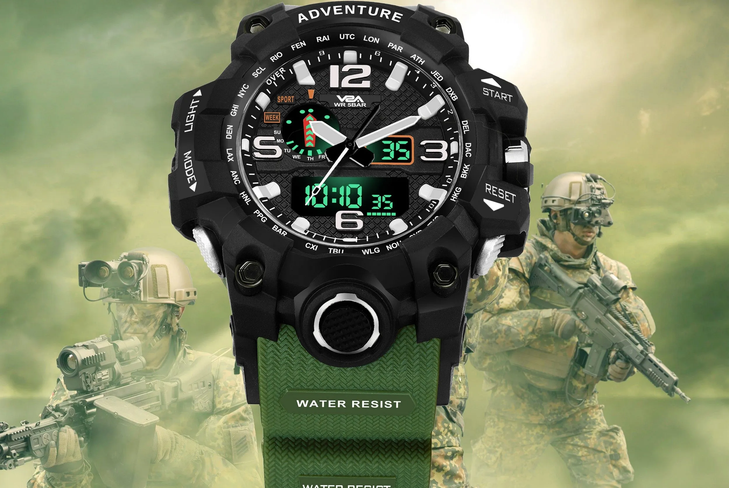 V2A Army Green Chronograph Shockproof Waterproof Analog-Digital Date Display Sports Watch For Men