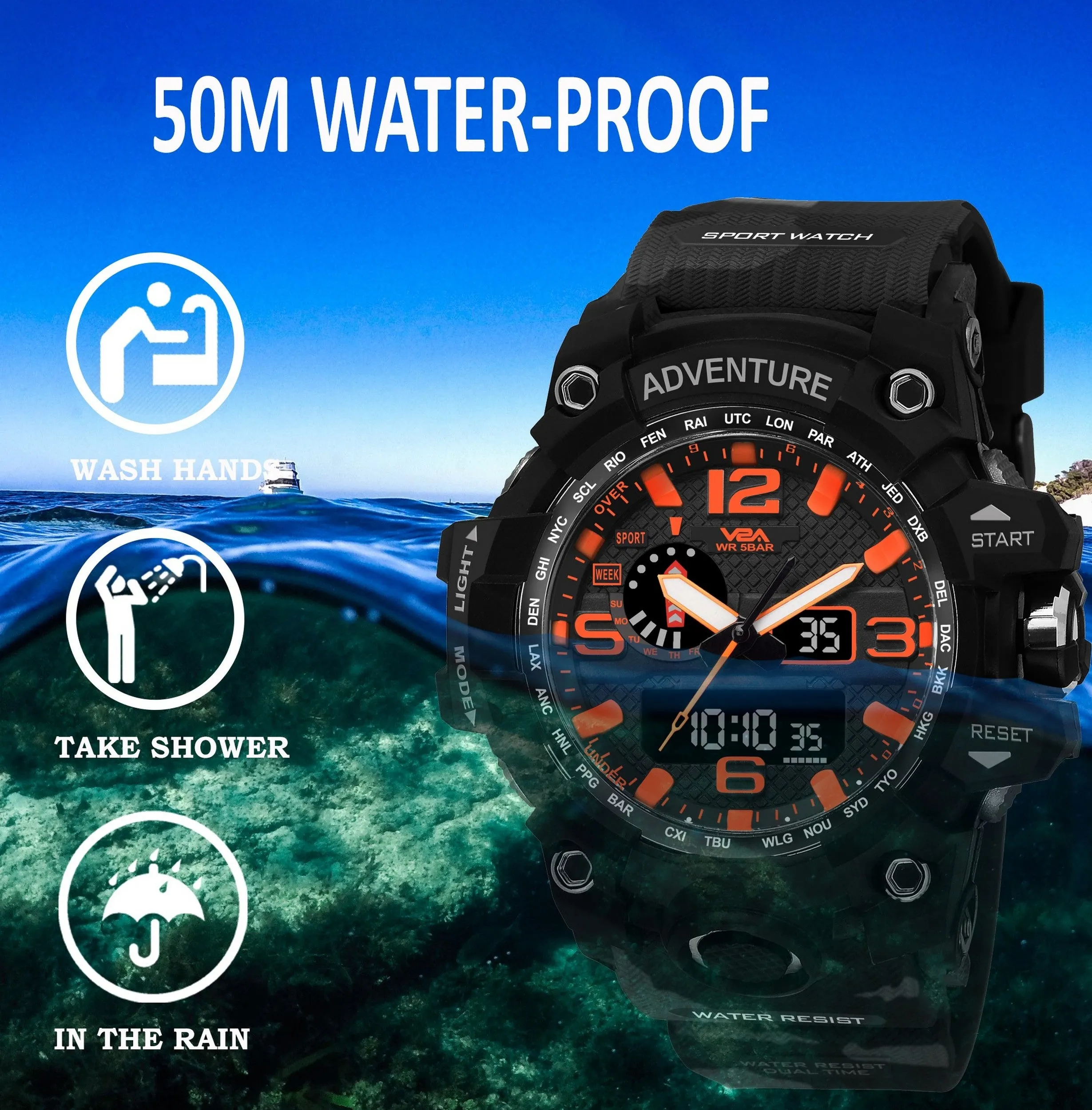 V2A Military Camo Black Orange Chronograph Shockproof Waterproof Analog-Digital Day And Date Display Sports Watch For Men