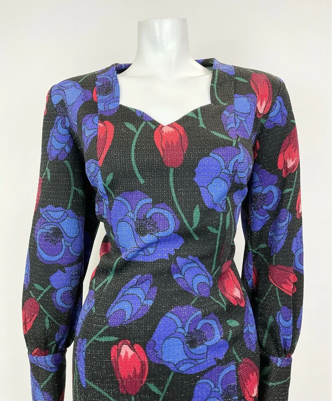 VINTAGE 60s 70s BLACK BLUE RED FLORAL ROSE TULIP LUREX PARTY GLAM DRESS 16 18