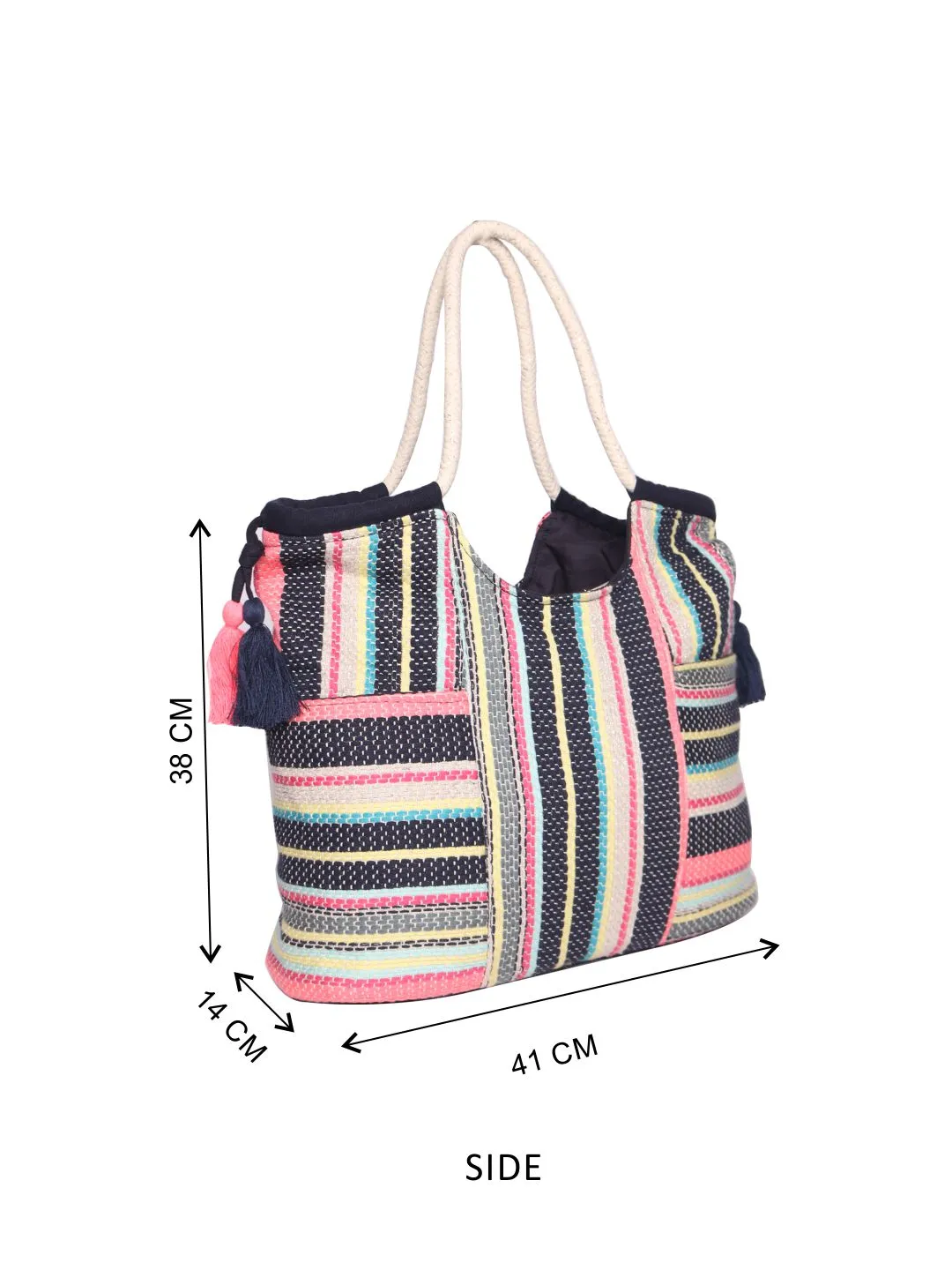 Women Pink Multi Jacquard Cotton Rope Shoulder Bag With Tassels