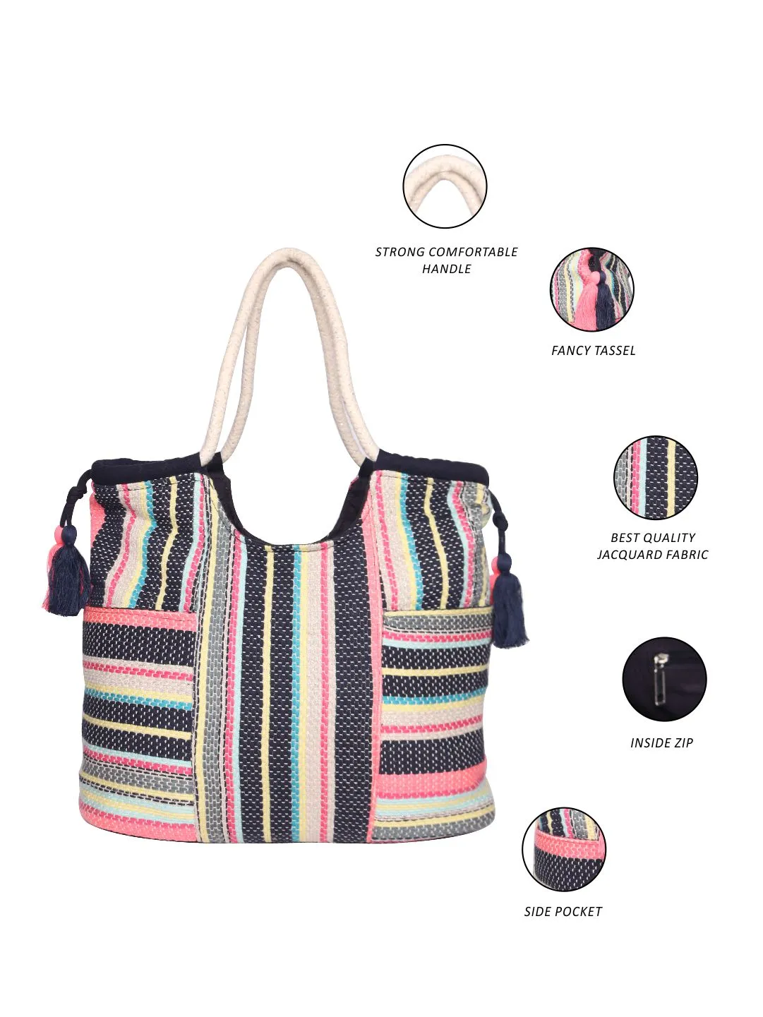 Women Pink Multi Jacquard Cotton Rope Shoulder Bag With Tassels