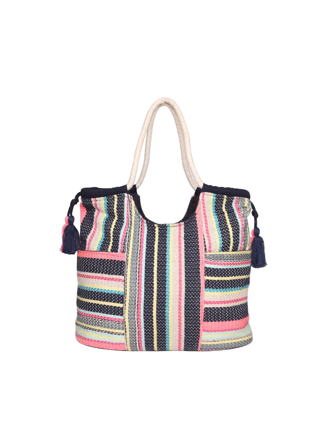 Women Pink Multi Jacquard Cotton Rope Shoulder Bag With Tassels